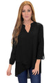 Sexy Black Asymmetric Hemline Roll Tab Sleeve Blouse