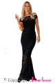 Sexy Black Bardot Lace Fishtail Maxi Dress