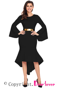 Sexy Black Bell Sleeve Dip Hem Belted Dress