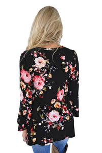Sexy Black Bell Sleeve Floral Print Top