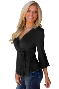 Sexy Black Bell Sleeve Wrap Front Tunic