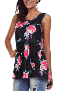 Sexy Black Blooms Floral Print Sleeveless Babydoll Tank