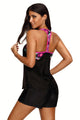 Sexy Black Blouson Style Floral T-back Tankini Top
