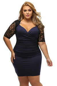 Sexy Black Blue Ruched Lace Illusion Plus Dress
