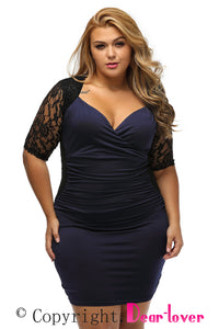 Sexy Black Blue Ruched Lace Illusion Plus Dress