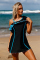 Sexy Black Blue Ruffle 1pc Swim Dress with Shorts