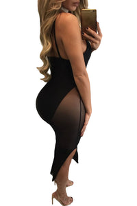 Sexy Black Bodysuit Insert Mesh Midi Club Dress