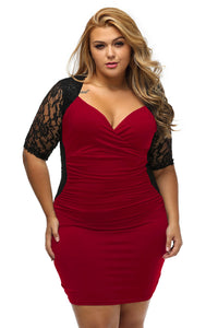 Sexy Black Burgundy Ruched Lace Illusion Plus Dress
