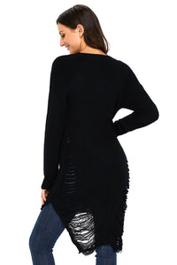 Sexy Black Button Closure Distressed Long Sweater