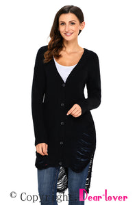 Sexy Black Button Closure Distressed Long Sweater