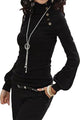 Sexy Black Button Detail High Neck Lantern Sleeve Top