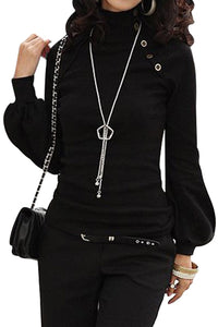 Sexy Black Button Detail High Neck Lantern Sleeve Top