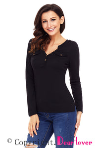 Sexy Black Button Long Sleeve Top with Pockets