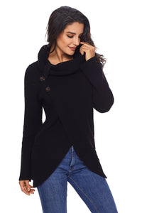 Sexy Black Buttoned Wrap Cowl Neck Sweater