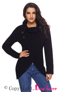 Sexy Black Buttoned Wrap Cowl Neck Sweater