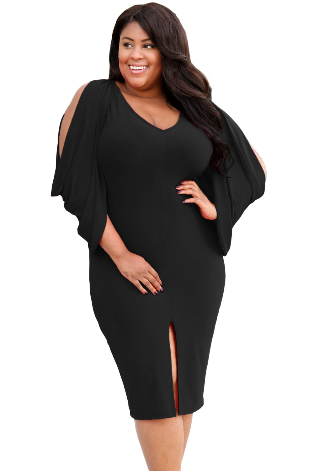 Sexy Black Cascading Slit Sleeve Bodycon Plus Size Dress – SEXY AFFORDABLE  CLOTHING