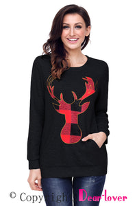 Sexy Black Christmas Plaid Deer Print Abdomen Pocket Sweatshirt