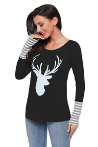 Sexy Black Christmas Reindeer Printed T-Shirt