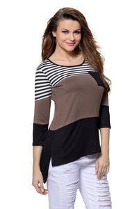 Sexy Black Coffee Color Block Striped Long Sleeve Blouse Top
