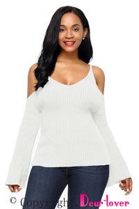 Sexy Black Cold Shoulder Bell Sleeve Sweater
