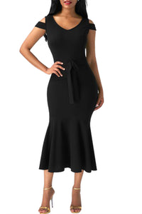 Sexy Black Cold Shoulder Bow Detail Mermaid Dress