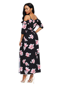 Sexy Black Cold Shoulder Floral Slit Maxi Dress