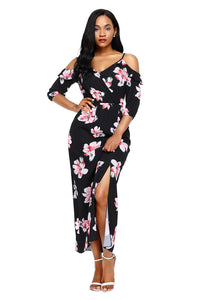Sexy Black Cold Shoulder Floral Slit Maxi Dress