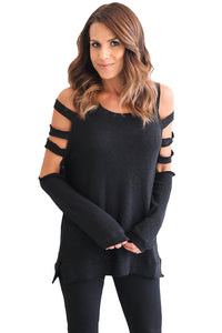 Sexy Black Cold Shoulder Hollow Out Long Sleeve Top