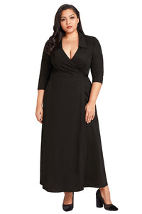 Sexy Black Collared Plus Size Tie Side Wrap Dress