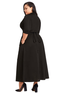 Sexy Black Collared Plus Size Tie Side Wrap Dress