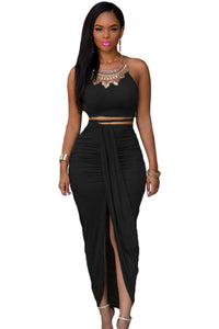 Sexy Black Cotton Two Piece Maxi Skirt Set