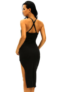 Sexy Black Crisscross Back Side Slit Fitted Slip Midi Dress