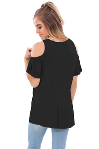 Sexy Black Crisscross Front Cold Shoulder Ruffle Sleeve Top