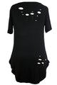 Sexy Black Crisscross Neckline Distressed Cotton T-shirt