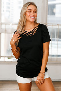 Sexy Black Crisscross Neckline Short Sleeve Tee