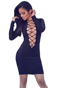 Sexy Black Crisscross Plunge V Neck Long Sleeve Dress