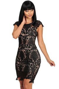Sexy Black Crochet Cap Sleeve Mini Dress