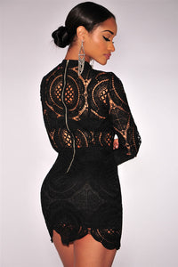 Sexy Black Crochet Lace High Neck Mini Dress