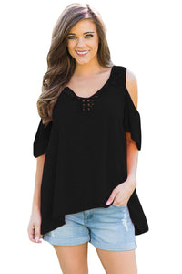 Sexy Black Crochet Neck and Back Cold Shoulder Top