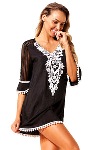 Sexy Black Crochet Pom Pom Trim Beach Tunic Cover up