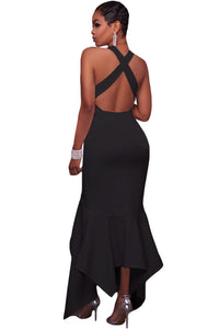 Sexy Black Cross Back Asymmetric Hemline Maxi Dress