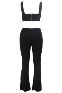 Sexy Black Cross Front Crop Top and Pocket Pant Set