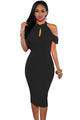 Sexy Black Cute Cold Shoulder Cutout Halter Midi Dress