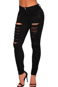 Sexy Black Denim Destroyed High-waist Skinny Jeans