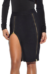 Sexy Black Double Zip Slit High Waist Bandage Skirt