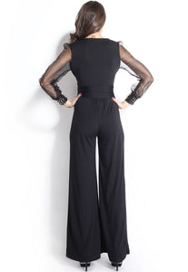Sexy Black Embellished Cuffs Long Mesh Sleeves Jumpsuit