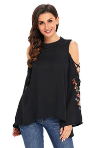 Sexy Black Embroidered Crisscross Bell Sleeve Blouse