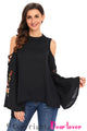 Sexy Black Embroidered Crisscross Bell Sleeve Blouse