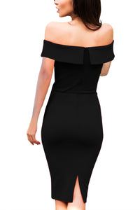 Sexy Black Embroidered Foldover Off Shoulder Neckline Slender Evening Dress
