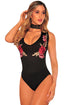 Sexy Black Embroidered Rose Choker Bodysuit